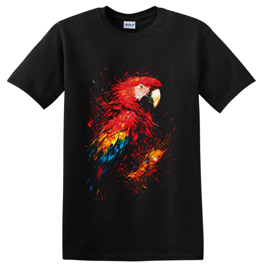 Scarlet Macaw portrait in vibrant red, yellow, blue, and orange paint splash art on a Black T Shirt