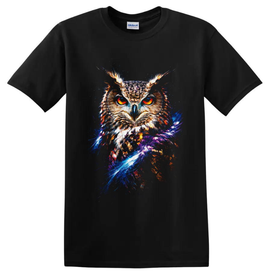 Fiery owl portrait with glowing orange eyes and cosmic galaxy splash artwork on a Black T Shirt