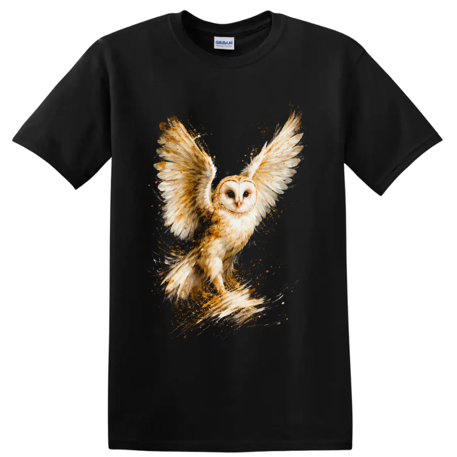 Barn owl in flight with spread wings in golden watercolor wildlife art on a Black T Shirt