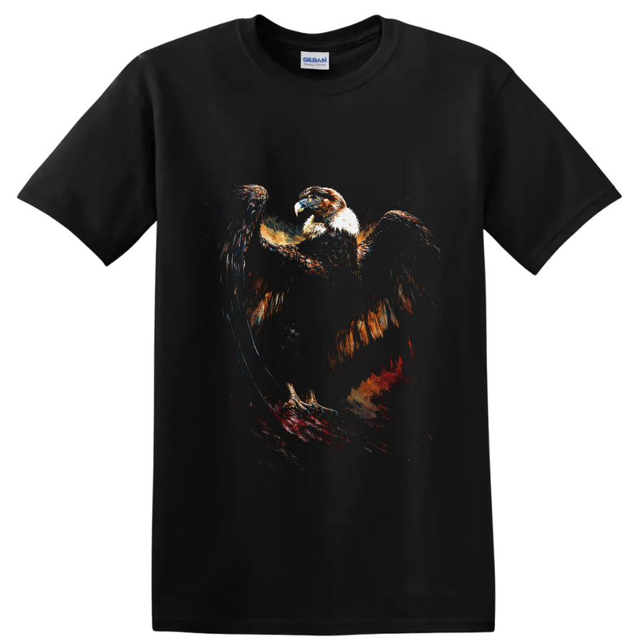 Bald eagle with outstretched wings in distressed patriotic painterly splatter art on a Black T Shirt