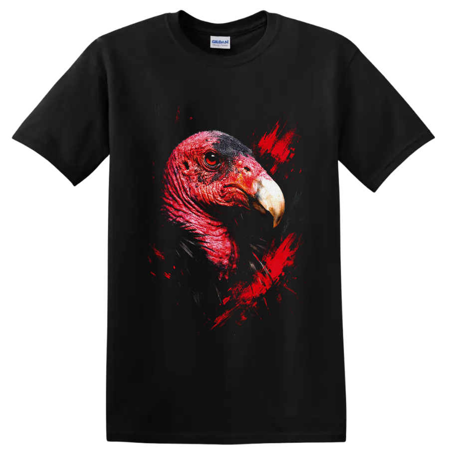 Red turkey bird portrait in detailed grunge style with distressed paint splashes on a Black T Shirt