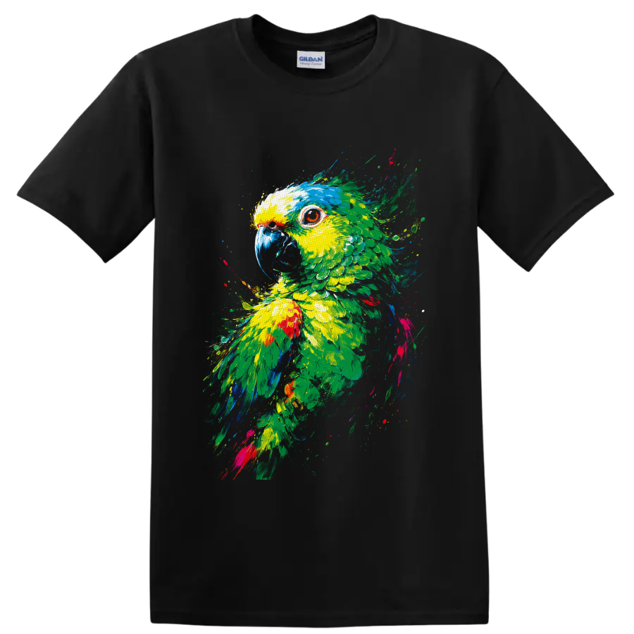 Colorful parrot portrait in vibrant tropical paint splatter art on a Black T Shirt
