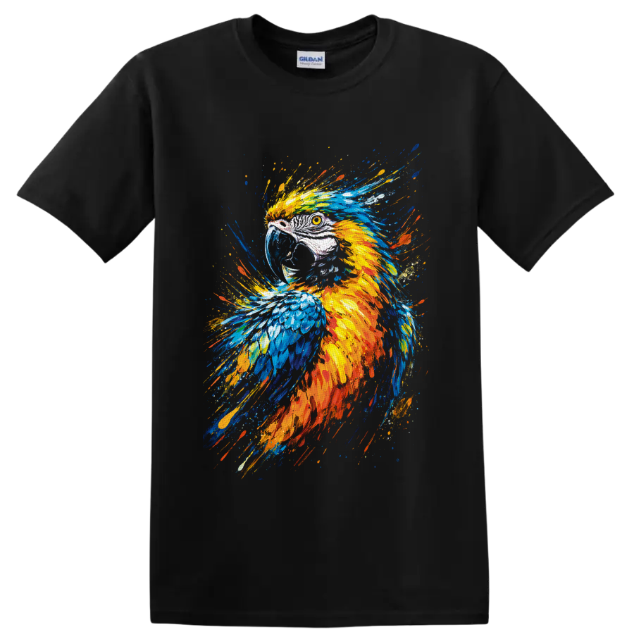 Colorful macaw parrot portrait in vivid blue, yellow, and orange paint-splash art on a Black T Shirt