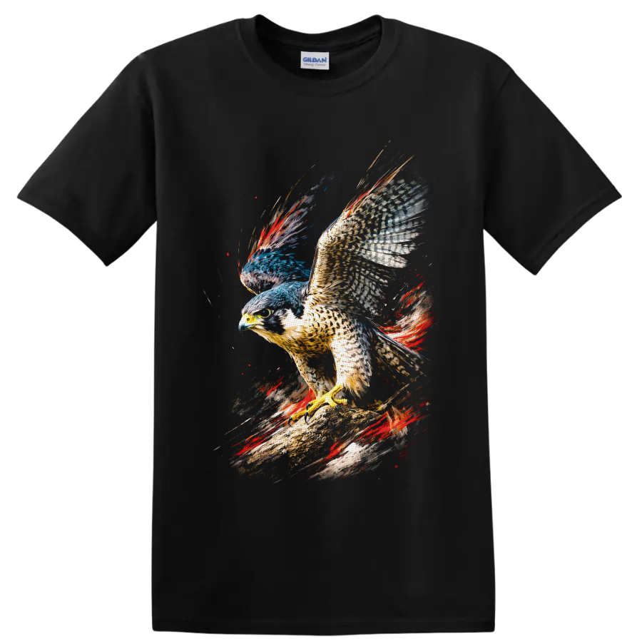 Peregrine falcon on a branch in colorful paint-splash wildlife art on a Black T Shirt