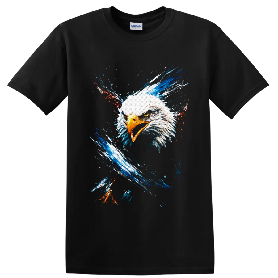Fierce bald eagle portrait with red, white, and blue splash art on a Black T Shirt