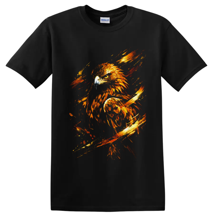 Fiery golden eagle illustration with textured feathers and red-orange brushstrokes on a Black T Shirt