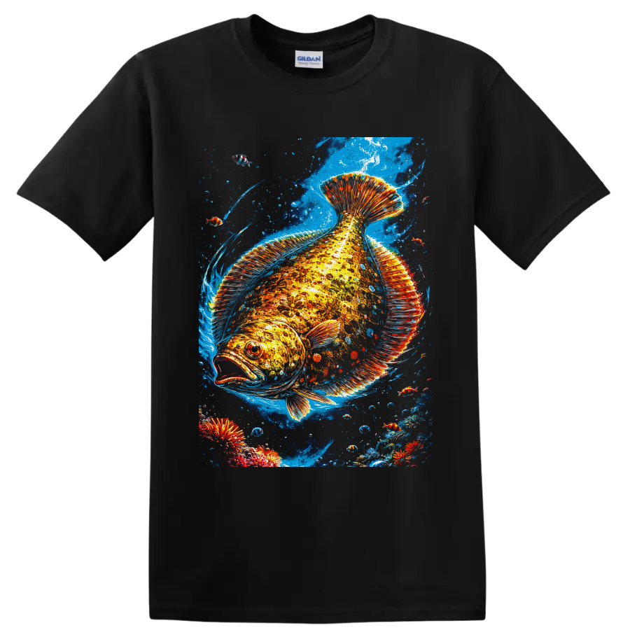 Vibrant tropical fish illustration with fiery fins, blue currents, bubbles, and small fish on a Black T Shirt