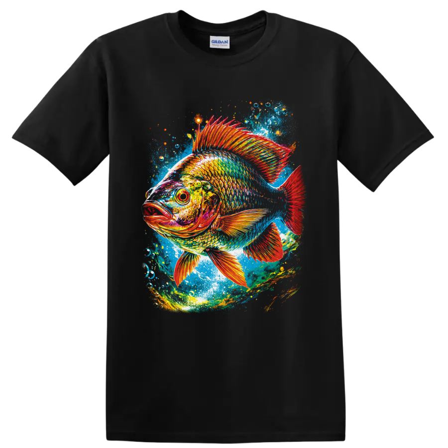 Colorful tropical fish with fiery fins in painterly underwater splash art on a Black T Shirt