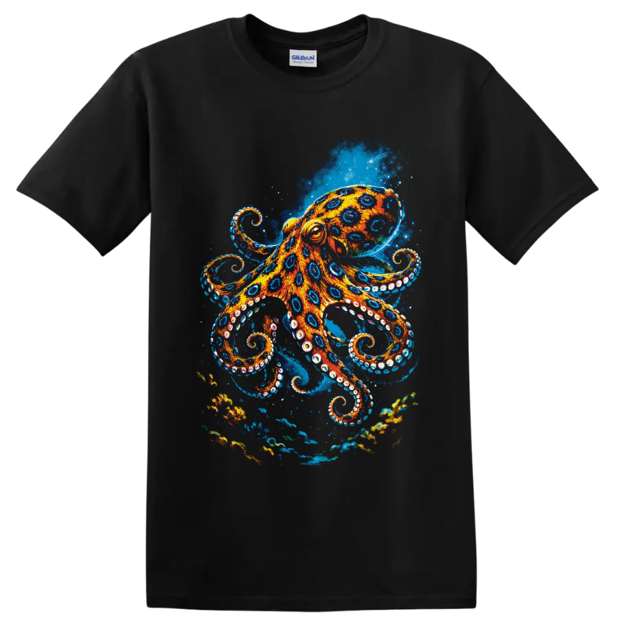 Vibrant orange and blue painterly octopus in a swirling underwater ocean scene on a Black T Shirt