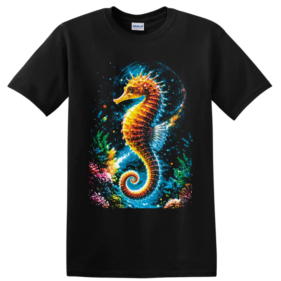 Vibrant splash-art seahorse surrounded by coral, bubbles, and blue underwater textures on a Black T Shirt