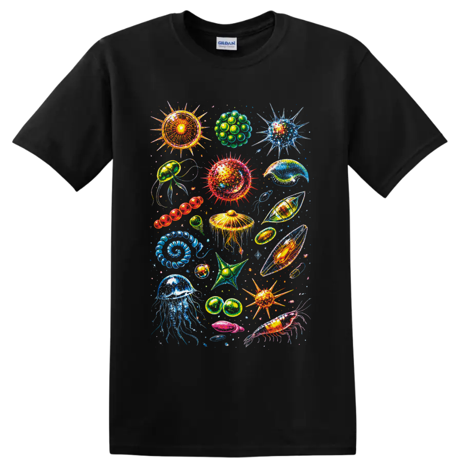 Colorful jellyfish, shrimp, shells, and microscopic sea life illustration on a Black T Shirt