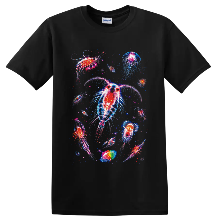 Neon bioluminescent plankton and jellyfish-like aquatic animals in glowing ocean art on a Black T Shirt