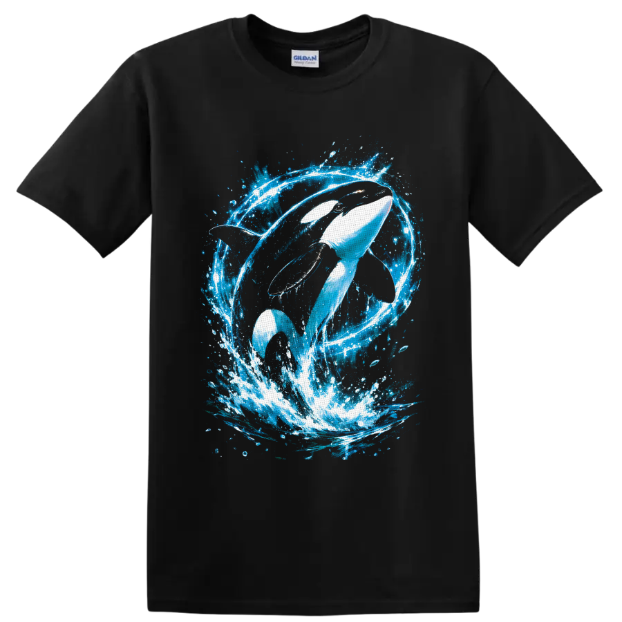 Orca whale leaping through a vivid blue ocean splash in painterly graphic style on a Black T Shirt