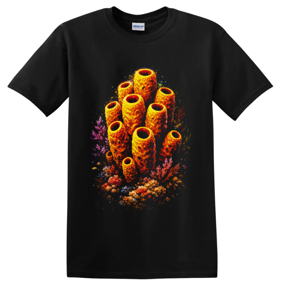 Vibrant orange sea sponge cluster with colorful coral reef artwork on a Black T Shirt