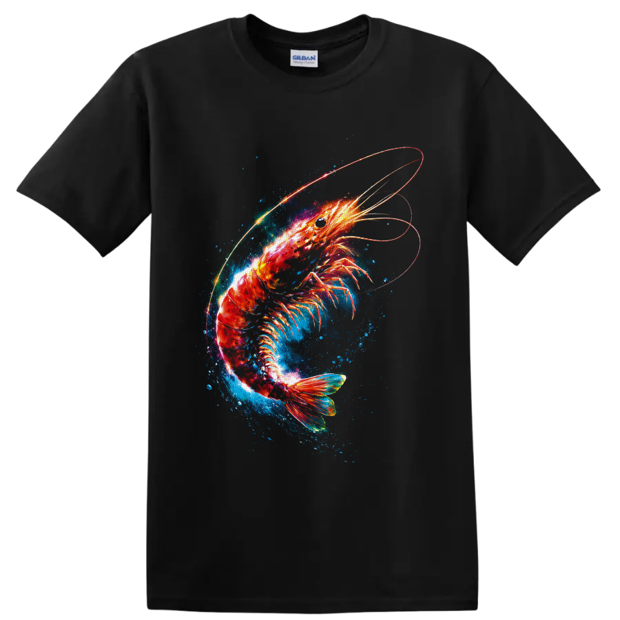 Glowing cosmic shrimp with blue ocean splashes and luminous orbital rings on a Black T Shirt