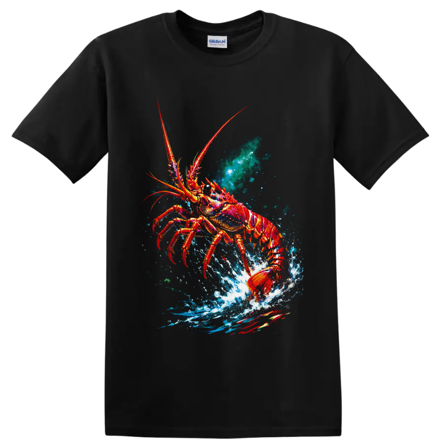 Colorful lobster bursting through blue ocean splash in vivid painterly marine art on a Black T Shirt