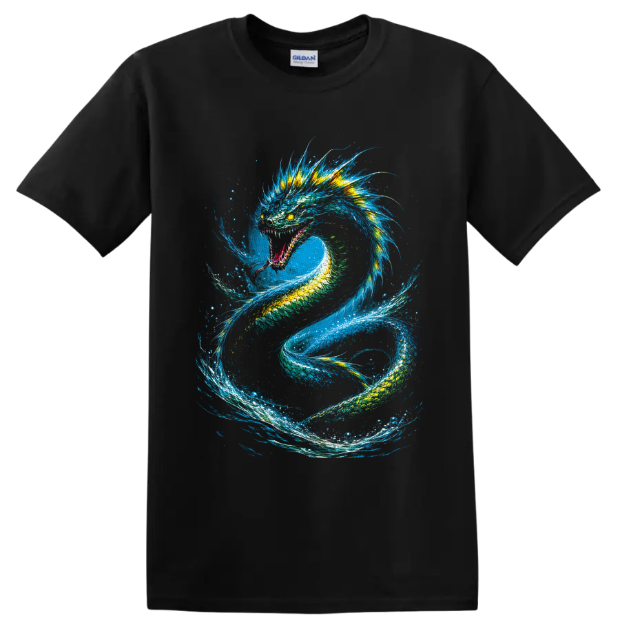 Colorful Water Dragon with blue mane coiling through swirling ocean waves on a Black T Shirt