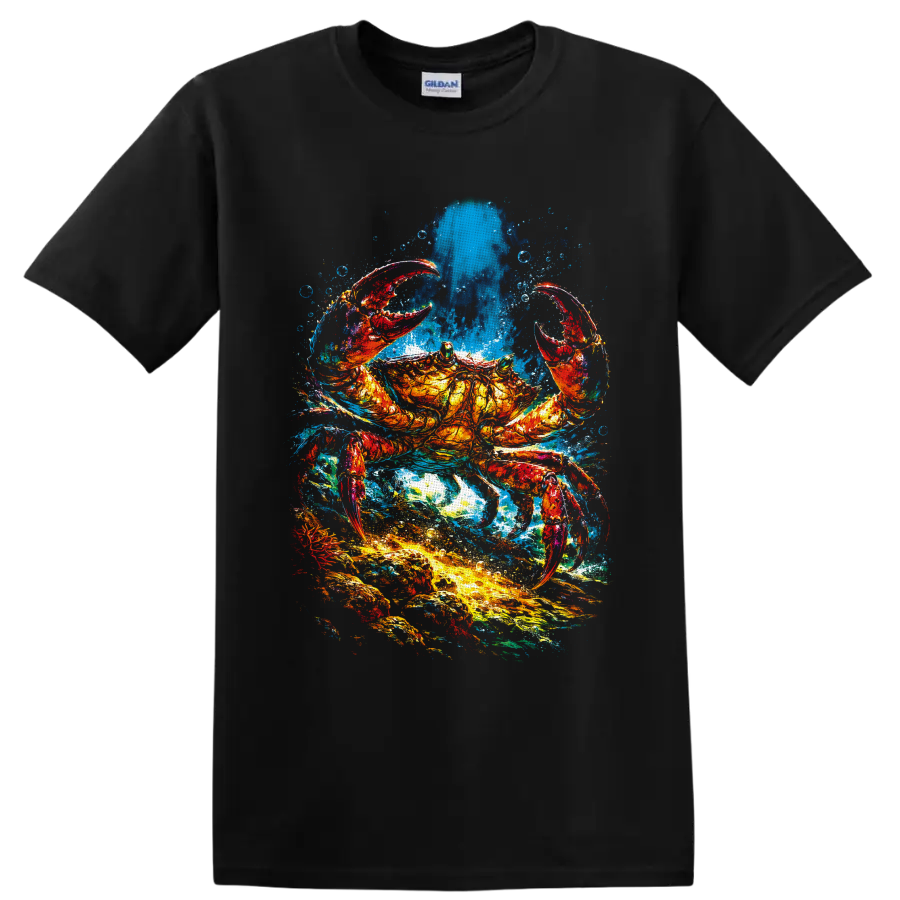 Colorful crab in a vivid watercolor-style ocean splash with bubbles on a Black T Shirt