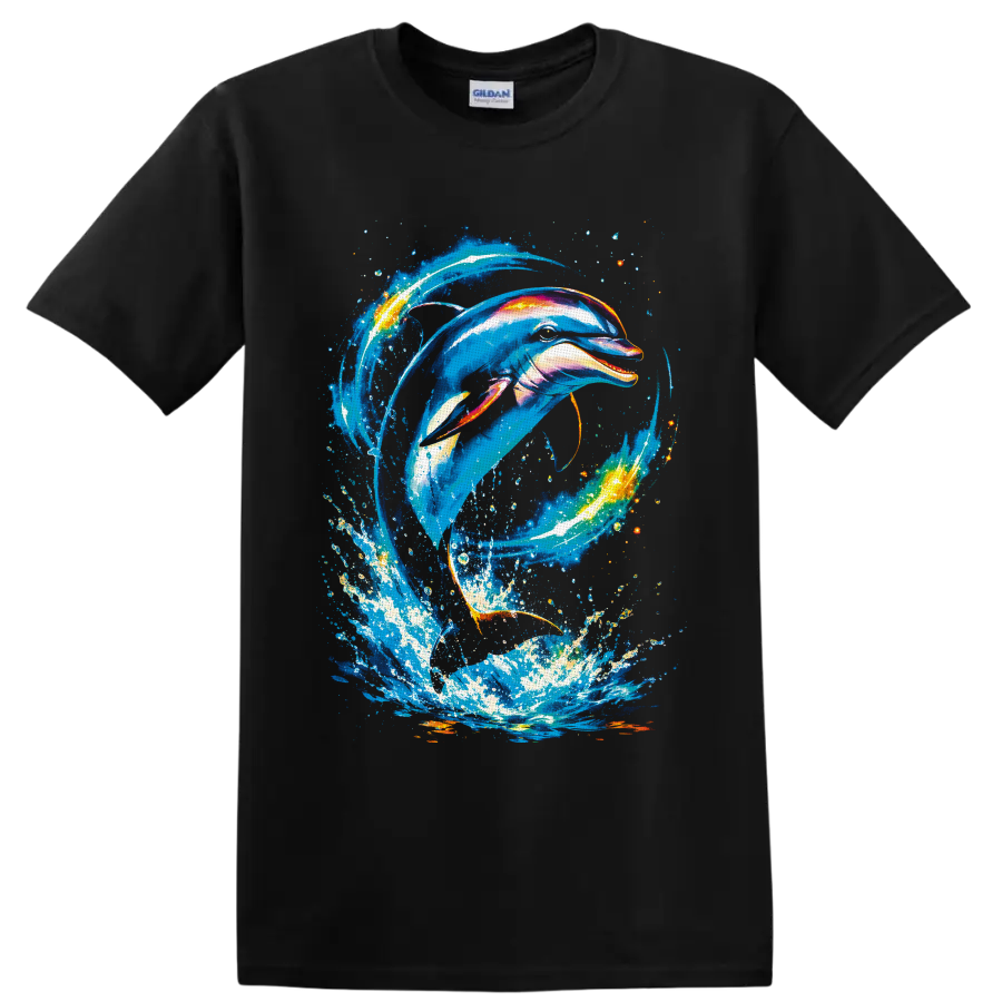 Vibrant dolphin swimming through a swirling ocean wave splash in painterly aquatic art on a Black T Shirt