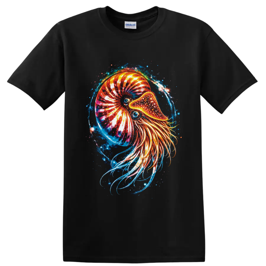 Cosmic nautilus illustration with glowing chambered shell, flowing tentacles, and blue on a Black T Shirt