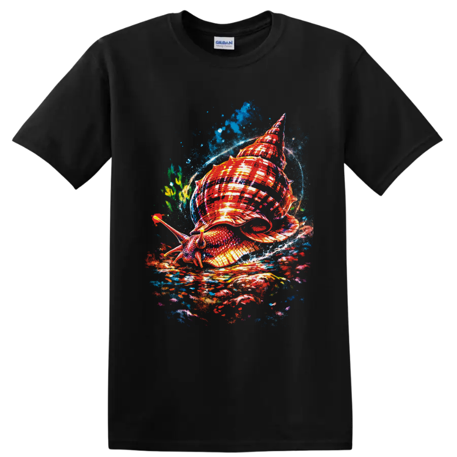 Colorful sea snail with a red spiral shell in expressive blue ocean splash art on a Black T Shirt