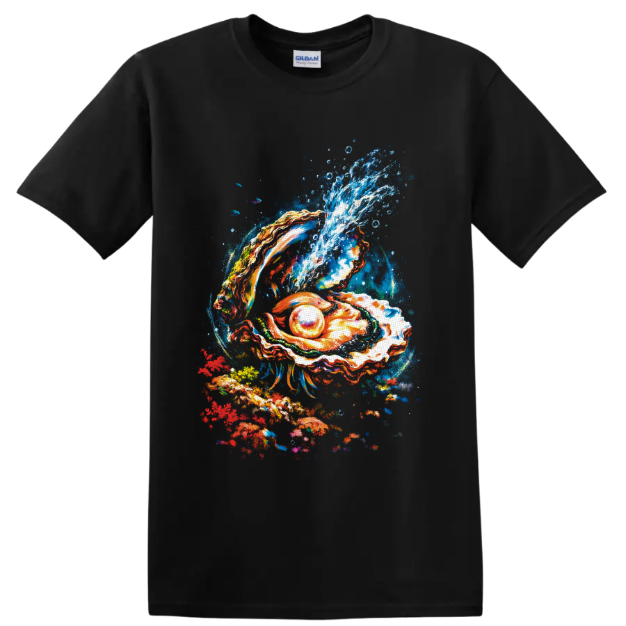 Colorful painted oyster shell with glowing pearl and cresting ocean wave on a Black T Shirt