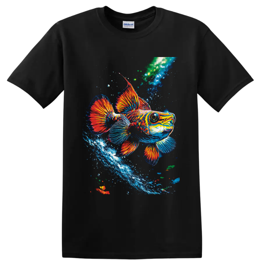 Colorful tropical fish illustration with flowing fins, bubbles, and a blue water splash on a Black T Shirt