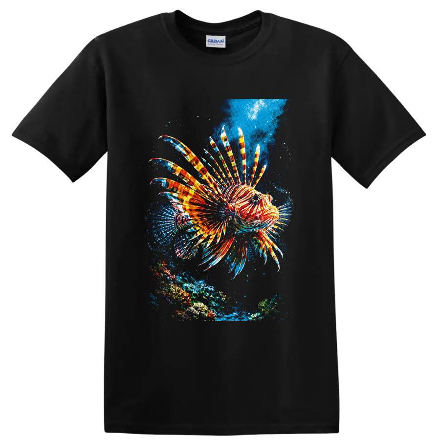 Colorful lionfish with striped fins over a tropical coral reef in splash-style ocean art on a Black T Shirt