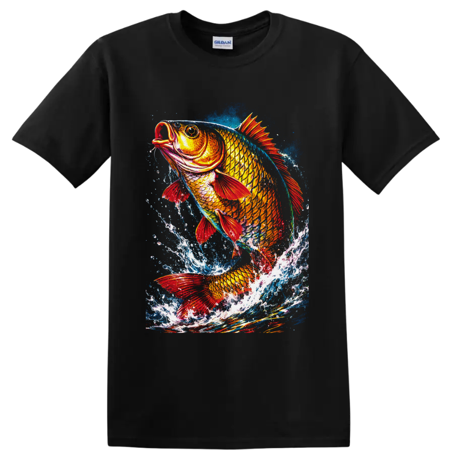 Colorful koi fish with red fins leaping through painterly blue water splashes on a Black T Shirt
