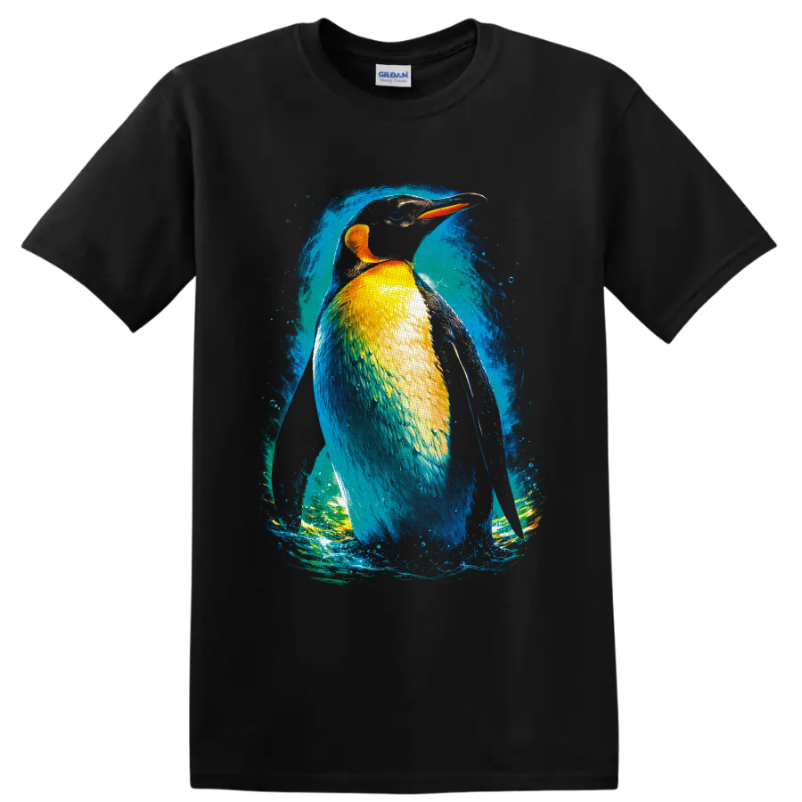 Colorful kingfisher illustration with blue, gold, and orange plumage in a curling wave on a Black T Shirt