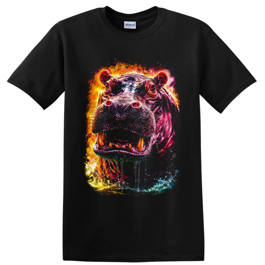 Vibrant splash-art hippopotamus portrait with open mouth, tusks, and water accents on a Black T Shirt