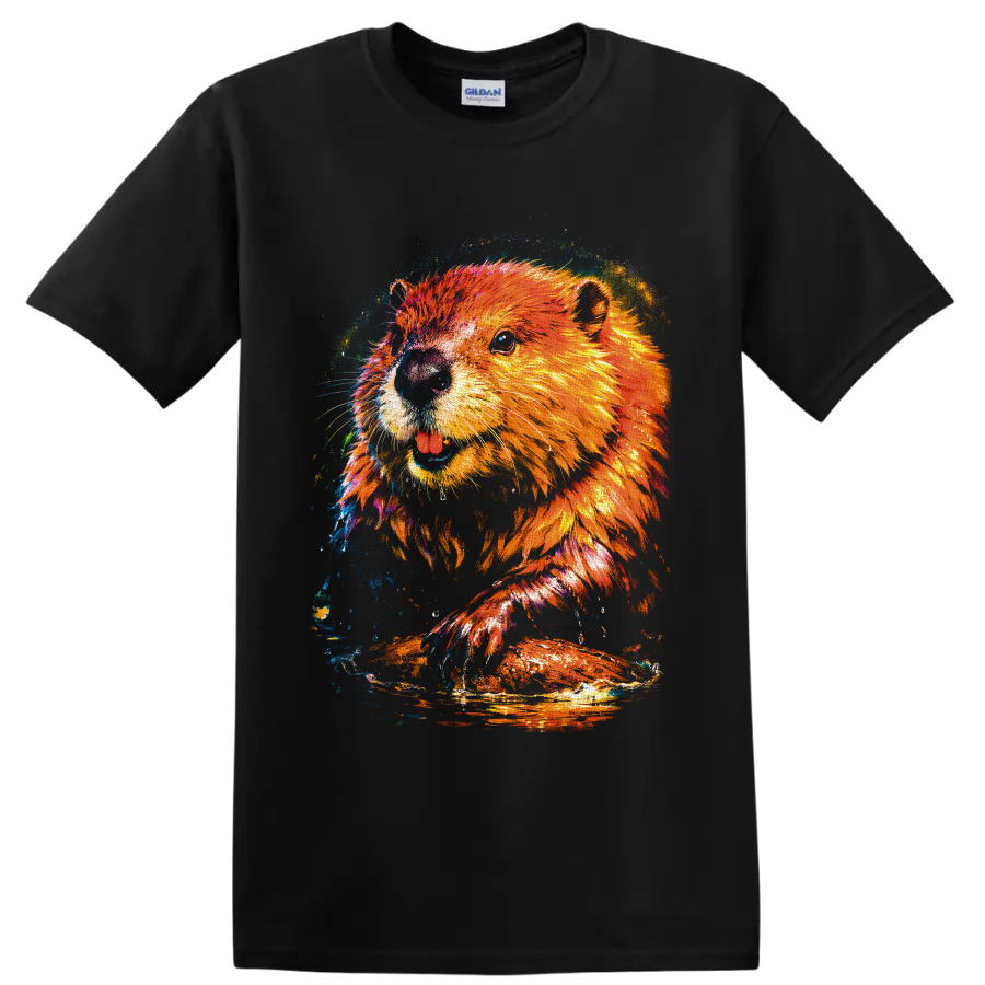 Colorful sea otter portrait in vivid paint-splash wildlife art on a Black T Shirt