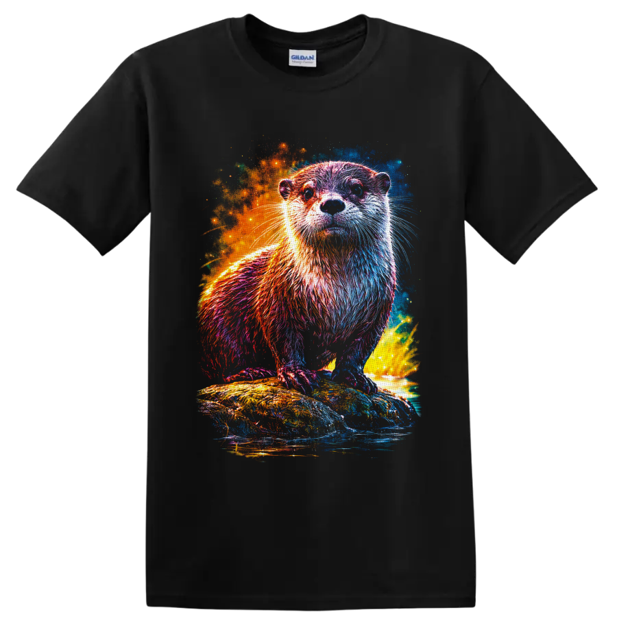 Cosmic neon otter standing on a rock above water with glowing colorful splashes on a Black T Shirt