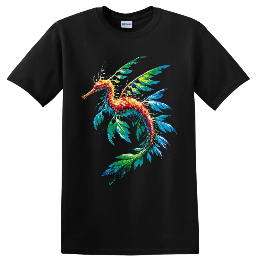 Colorful leafy seadragon illustration with flowing blue and green leaf-like fins on a Black T Shirt