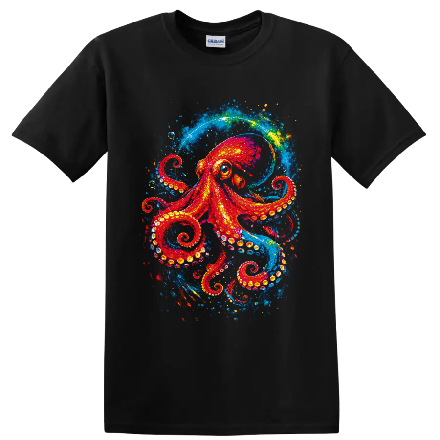 Colorful red octopus in electric blue ocean splash art with curling tentacles on a Black T Shirt