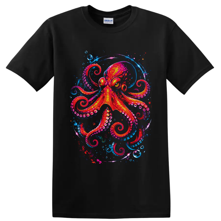 Neon-style octopus with curling tentacles, bubbles, and electric blue ocean swirls on a Black T Shirt