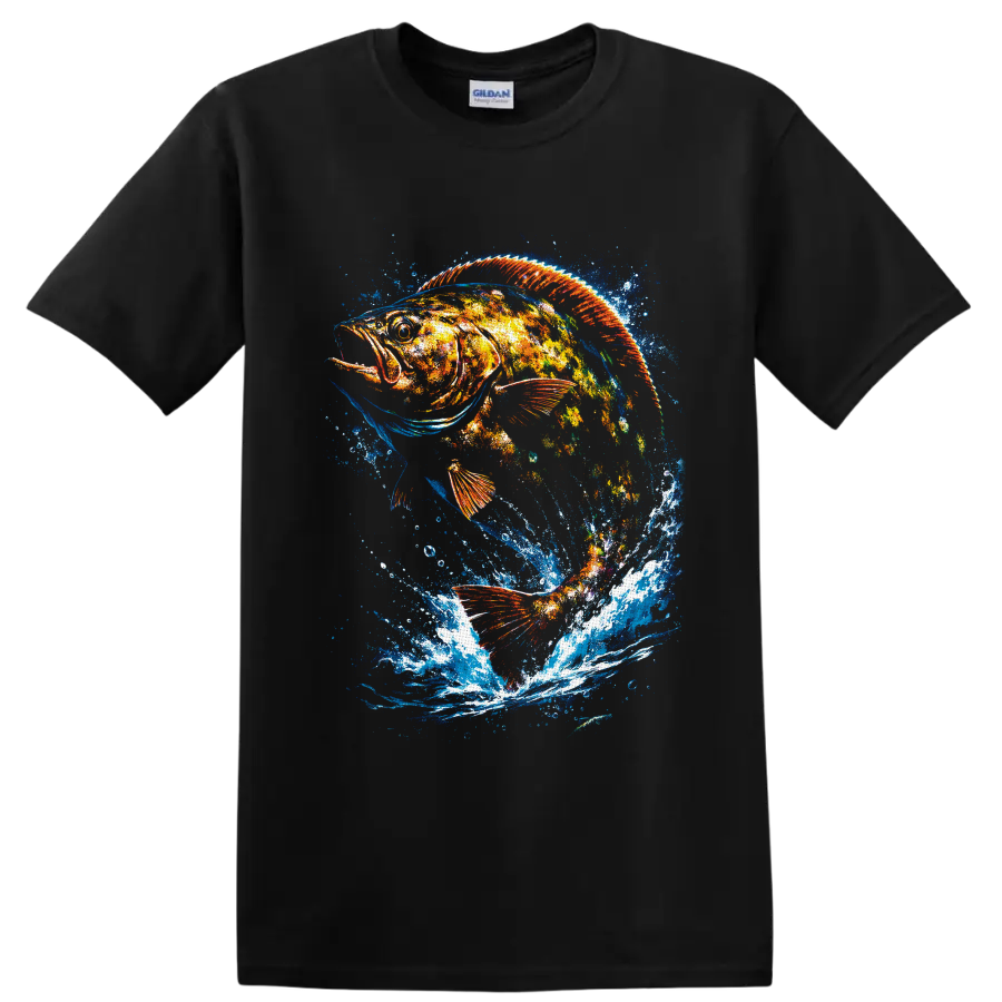 Color splash largemouth bass graphic with orange fins and dramatic blue water splashes on a Black T Shirt