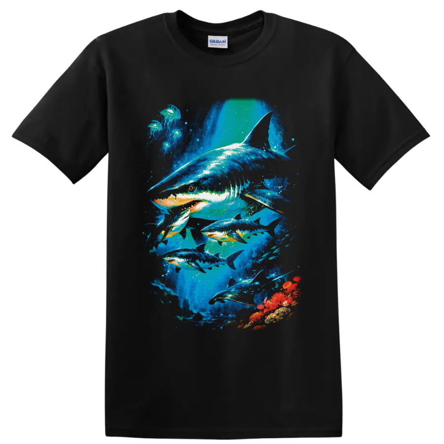 Vibrant shark, jellyfish, rays, and coral underwater wildlife graphic on a Black T Shirt