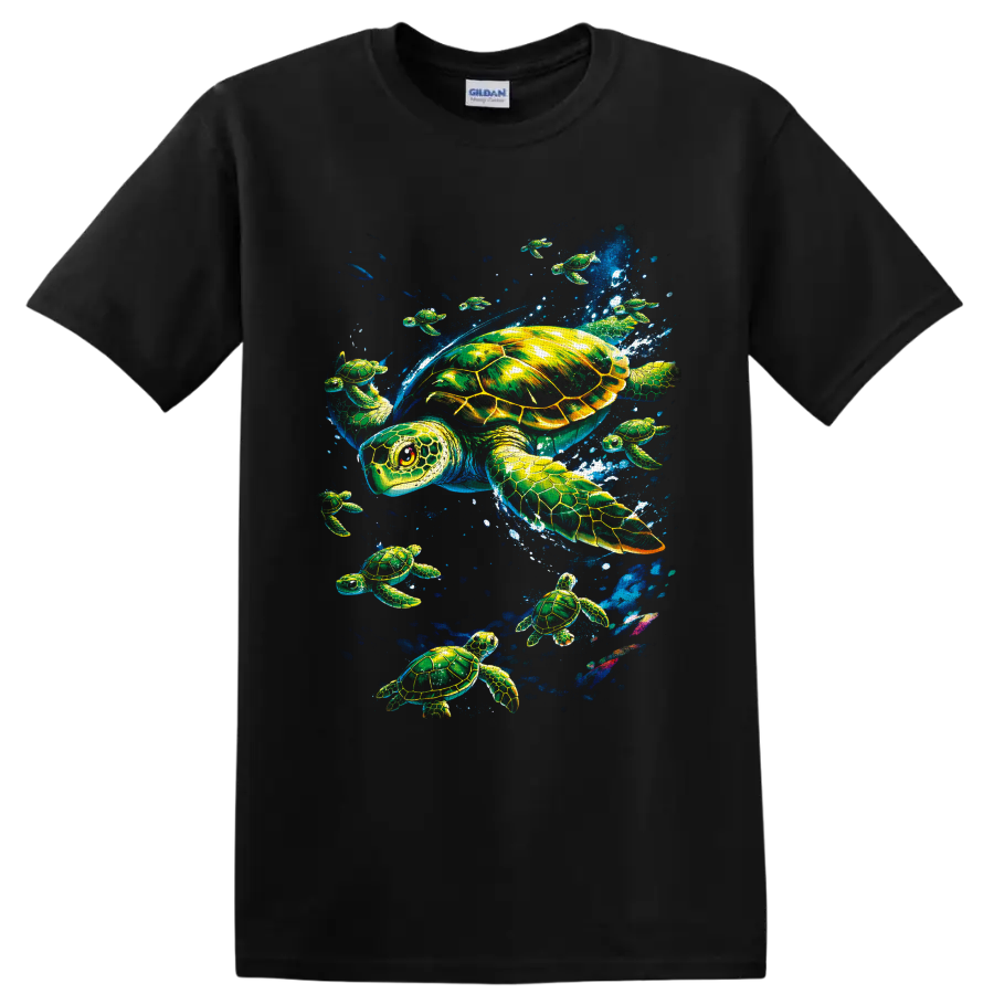 Colorful sea turtle underwater graphic with swimming turtles, bubbles, and ocean spray on a Black T Shirt