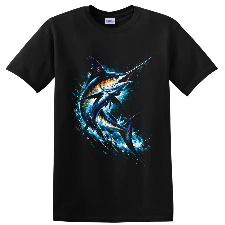 Vivid watercolor-style marlin leaping through a crashing ocean splash on a Black T Shirt