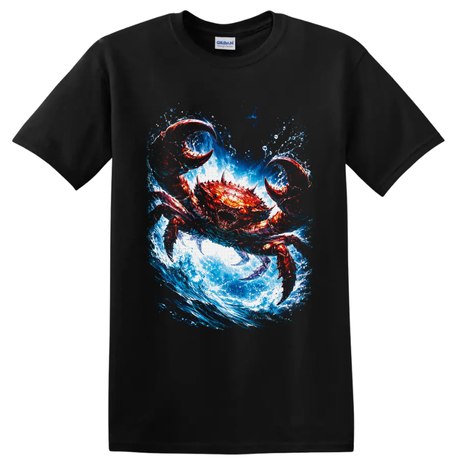 Fiery red crab with raised claws charging through a crashing blue ocean wave on a Black T Shirt