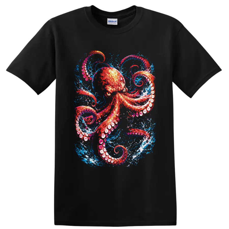 Red-orange octopus with curling tentacles in vivid blue ocean splash art on a Black T Shirt