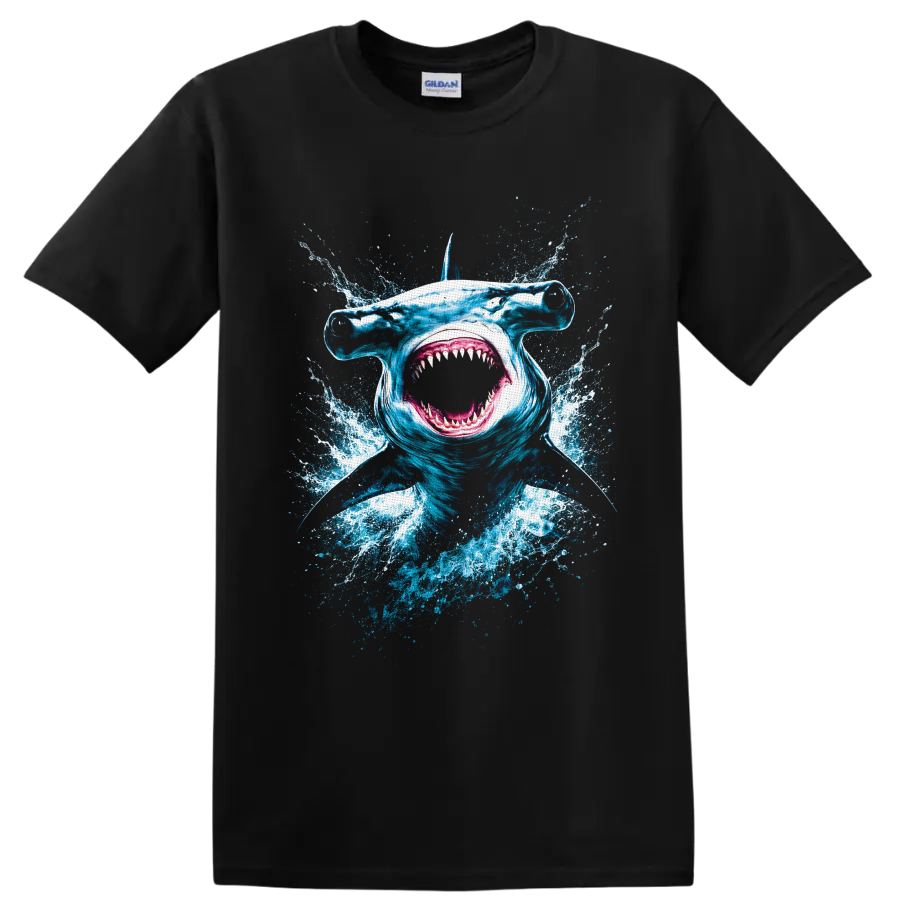 Hammerhead shark portrait with open mouth and explosive blue ocean splash artwork on a Black T Shirt