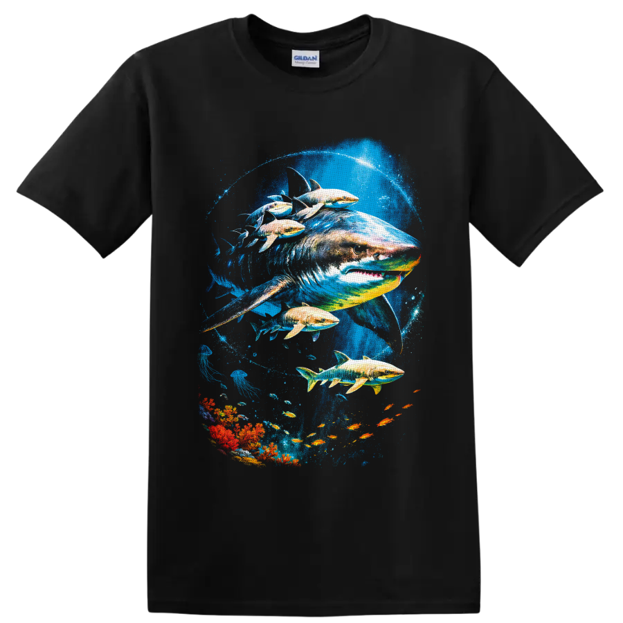Great White Shark and tropical fish in vivid underwater coral reef art on a Black T Shirt