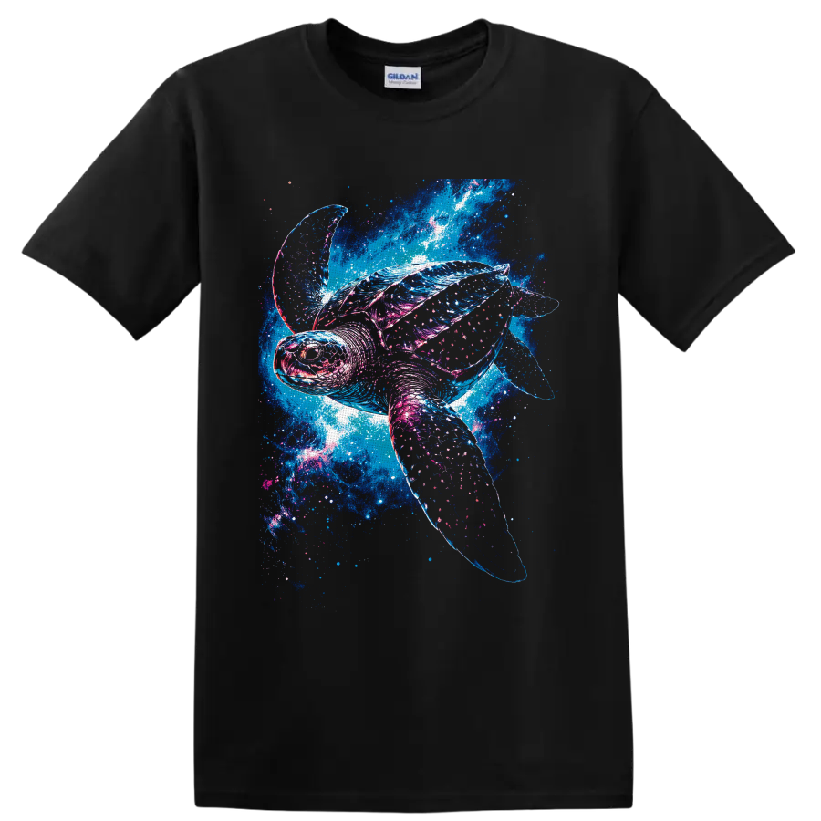 Sea turtle swimming through a neon blue and pink cosmic ocean galaxy design on a Black T Shirt