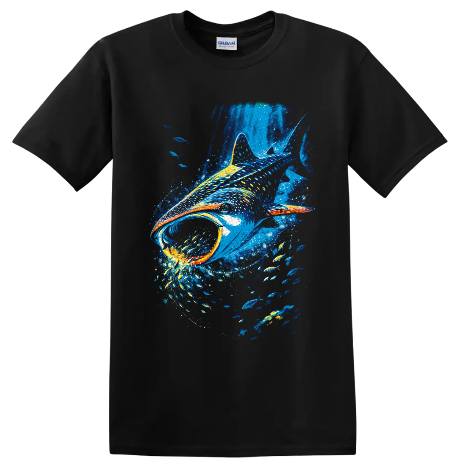 Colorful painterly whale shark swimming through blue water with schools of fish on a Black T Shirt