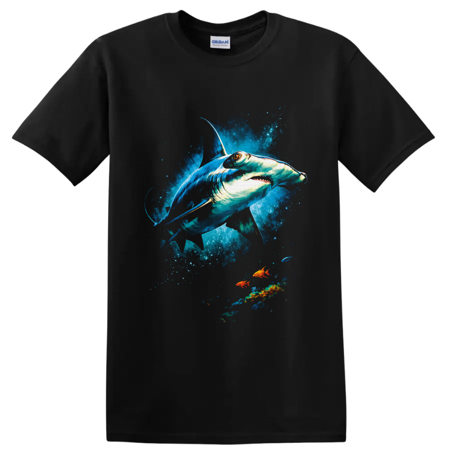 Hammerhead shark in vivid watercolor ocean splashes with colorful tropical fish on a Black T Shirt