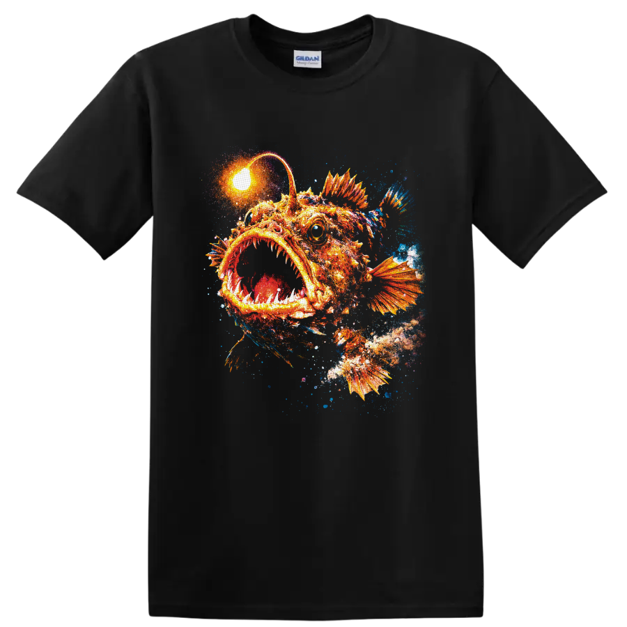 Glowing orange anglerfish with toothy mouth and colorful deep-sea paint splash art on a Black T Shirt