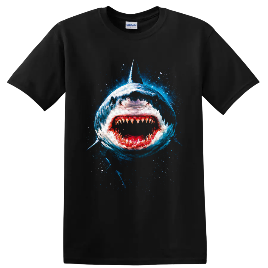 Great white shark open-jaw blue ocean splash graphic print on a Black T Shirt