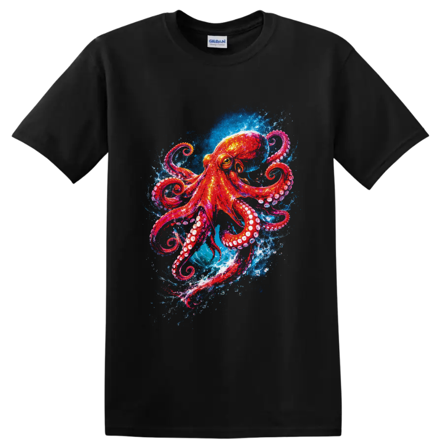 Vibrant watercolor octopus with curling tentacles in blue ocean splashes on a Black T Shirt
